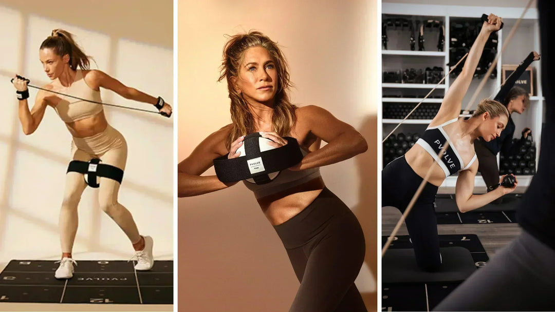 Three women exercise in a gym using resistance bands and fitness equipment. They wear athletic outfits and appear focused, performing strength and stretching movements in well-lit workout spaces.