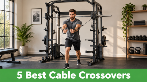 A person performs a cable fly on a crossover rack in a home gym, with a green banner reading 5 Best Cable Crossovers.