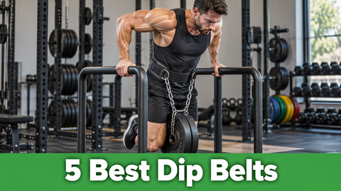 An athlete performs a weighted dip with a padded chain belt above a green banner reading 5 Best Dip Belts.