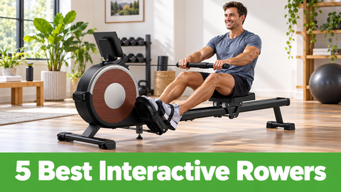 A person rows on a magnetic machine in a bright home gym, above a green banner reading 5 Best Interactive Rowers.