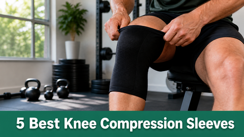 An adult pulling on a black knee compression sleeve in a home gym, with a green banner reading 5 Best Knee Compression Sleeves.