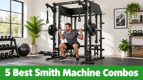 A lifter squats with a guided Smith bar in a home gym, above a green banner reading 5 Best Smith Machine Combos.
