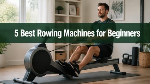 A beginner using a rowing machine in a bright home workout room, with a green banner reading 5 Best Rowing Machines for Beginners.