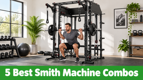 A lifter squats with a guided Smith bar in a home gym, above a green banner reading 5 Best Smith Machine Combos.