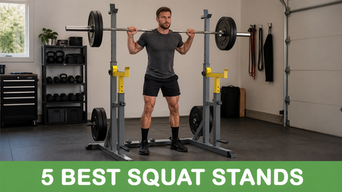 A lifter stands inside a gray and yellow squat stand in a garage gym, above a green banner reading 5 Best Squat Stands.