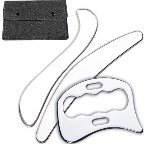 Three stainless steel muscle scraper tools in different shapes beside a black carrying pouch, compared against gua sha tools.