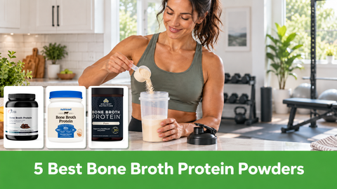 Woman scooping bone broth protein into a shaker beside the actual Ancient Nutrition Pure, Designs for Health Chocolate, and Nutricost Chocolate containers; green banner reads 5 Best Bone Broth Protein Powders.