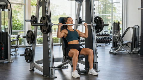 Woman performing a seated Smith machine shoulder press