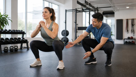 Trainer observes an exerciser's comfortable bodyweight squat depth, heel contact, and knee alignment.