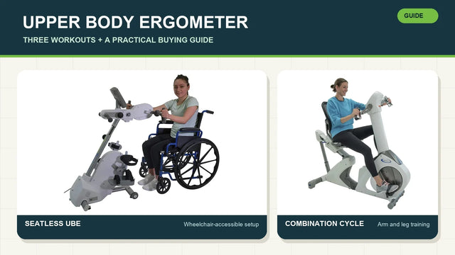 Upper body ergometer workout guide showing a wheelchair accessible OmniTrainer and a PhysioCycle XT