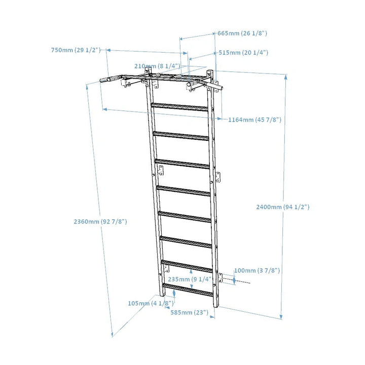 Technical illustration of the BenchK Home Swedish Ladder w/ Pull-Up Bar (721) showing dimensions: 2400mm tall, 750mm wide, with detailed measurements in mm and inches.