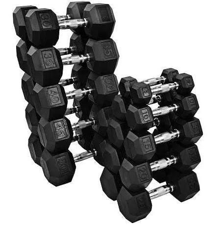 A VTX Rubber Octagon Dumbbell Set featuring black, noise-reducing pairs from 25 to 50 lbs is neatly organized on two racks.