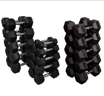 The VTX Rubber Octagon Dumbbell Set, with chrome handles and black rubber weights, is arranged in two vertical stacks against a plain white background, offering varied size options and ensuring minimal noise in your workout space.
