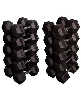 Two stacks of VTX Rubber Octagon Dumbbell Sets are side by side, organized largest to smallest from bottom to top. The dumbbells rest against a white background, offering stability and noise reduction during workouts.
