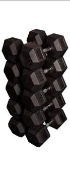 A set of VTX Rubber Octagon Dumbbells is shown in three vertical stacks with various weights visible on a plain white background. The octagonal design and horizontal alignment promote noise reduction during workouts.
