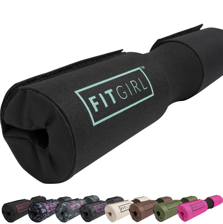 The FITGIRL Squat & Hip Thrust Barbell Pad is a rolled-up black mat with thick foam cushioning, featuring the FITGIRL logo. It also comes in vibrant colors such as blue, green, beige, and pink, designed for women who value style and comfort during workouts.