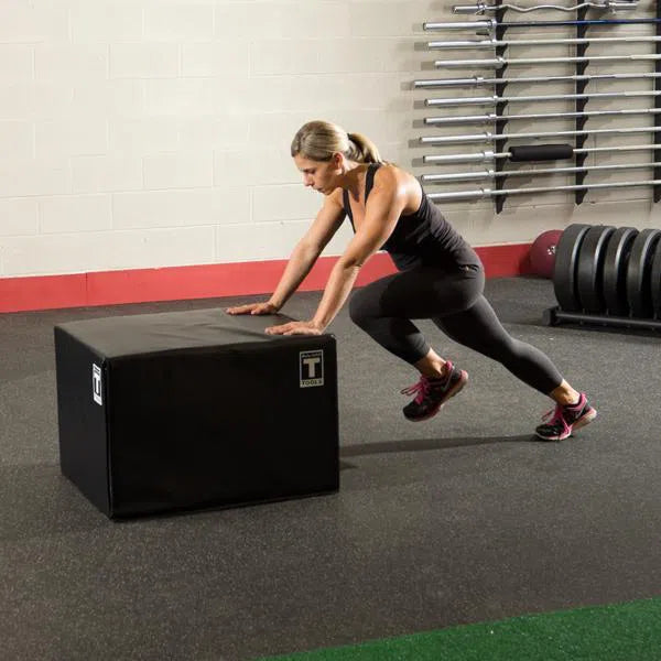 woman running man ab workout on Body-Solid Soft Plyo Box BSTSPBOX