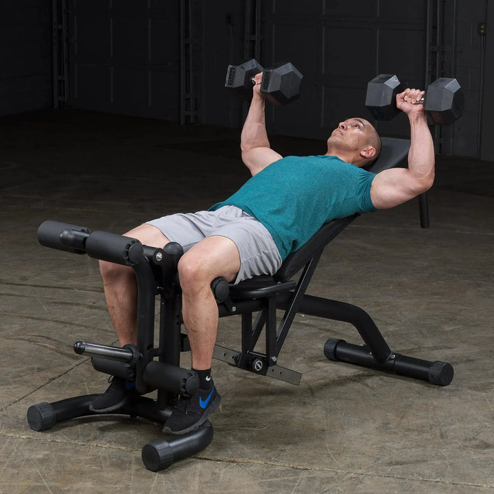 man incline dumbbell bench press on Body-Solid Adjustable Weight Bench with Leg Extension & Leg Curl FID46