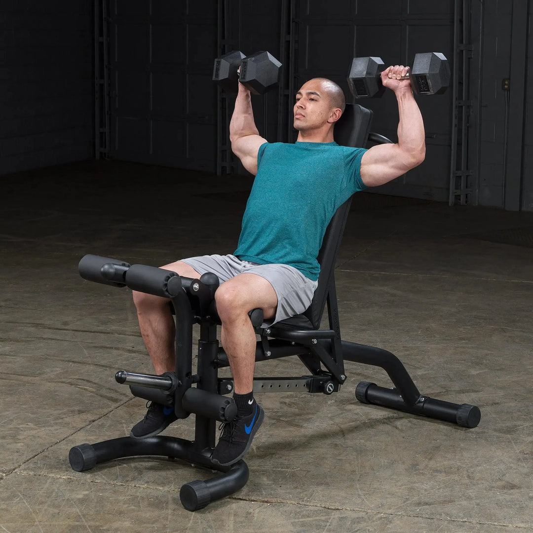 man dumbbell shoulder press workout on Body-Solid Adjustable Weight Bench with Leg Extension & Leg Curl FID46