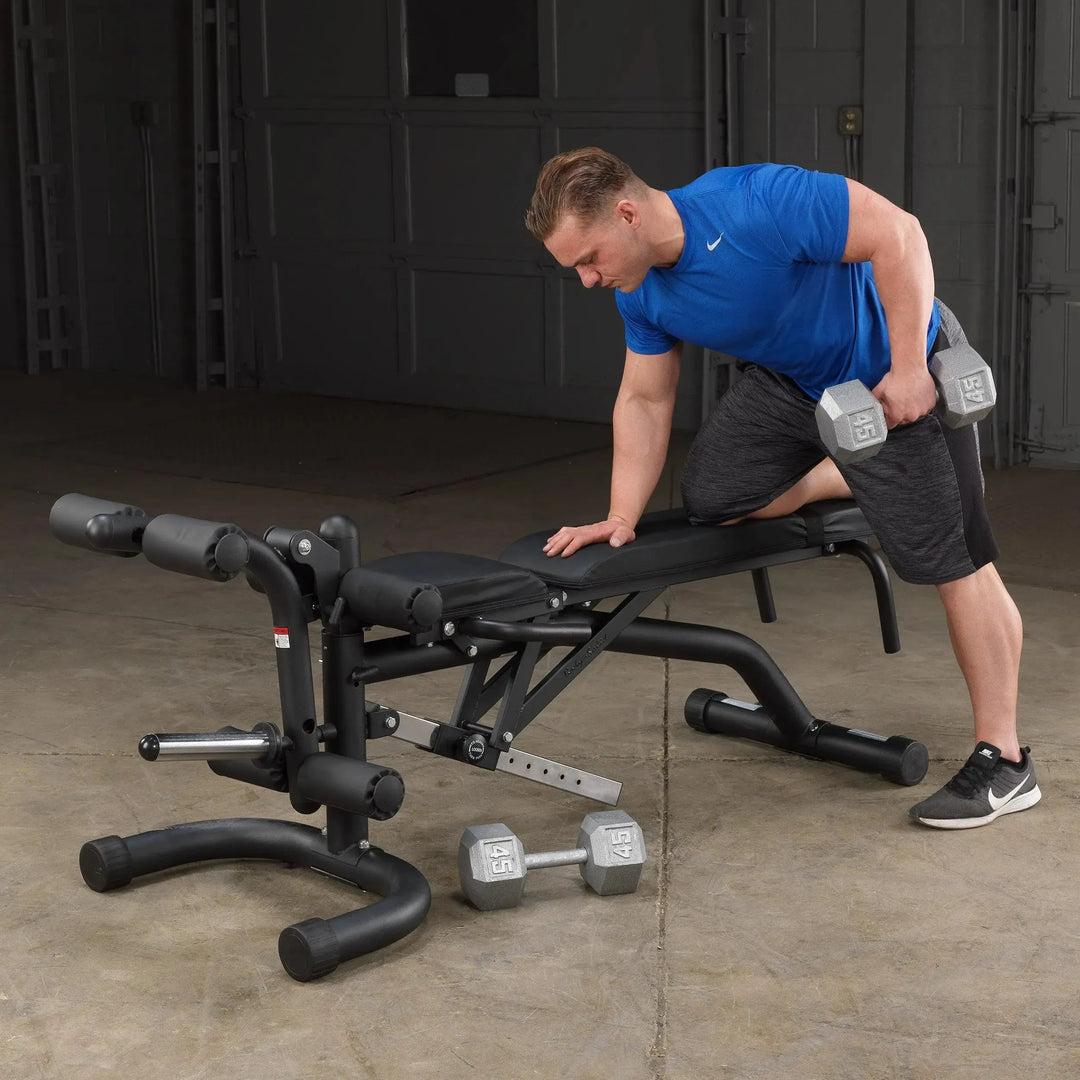man single arm dumbbell row on Body-Solid Adjustable Weight Bench with Leg Extension & Leg Curl FID46