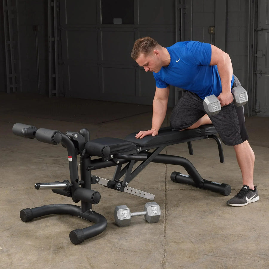 man single arm dumbbell row on Body-Solid Adjustable Weight Bench with Leg Extension & Leg Curl FID46