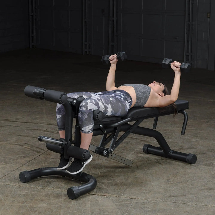 woman flat bench dumbbell press workout on Body-Solid Adjustable Weight Bench with Leg Extension & Leg Curl FID46