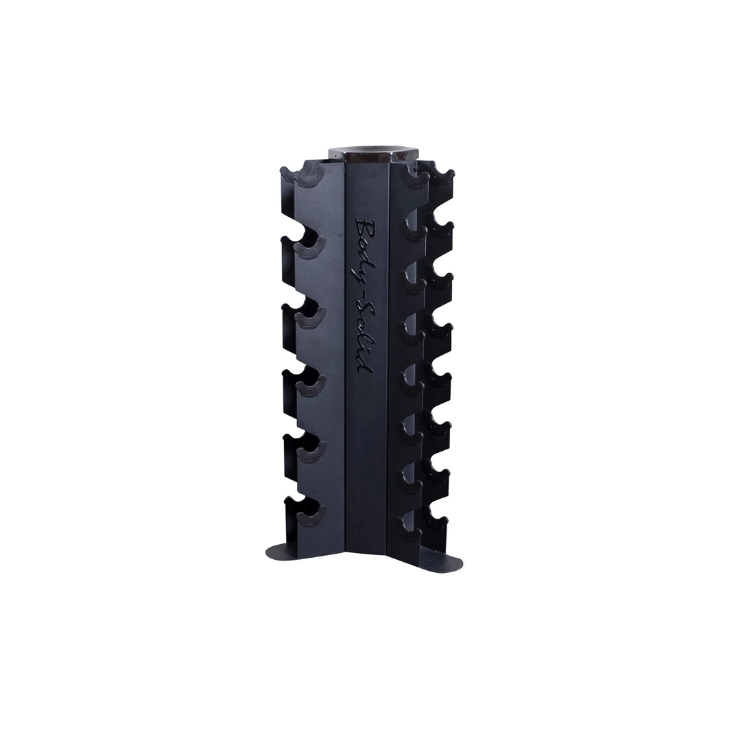 The included rack for Body-Solid 5-50 lb. Rubber Dumbbell Package with Vertical Rack GDR80-SDRS550 