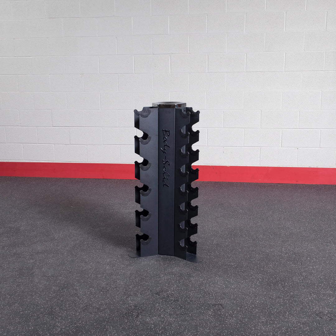 The included vertical rack for the Body-Solid 5-50 lb. Iron Hex Dumbbell Package GDR80-SDX550