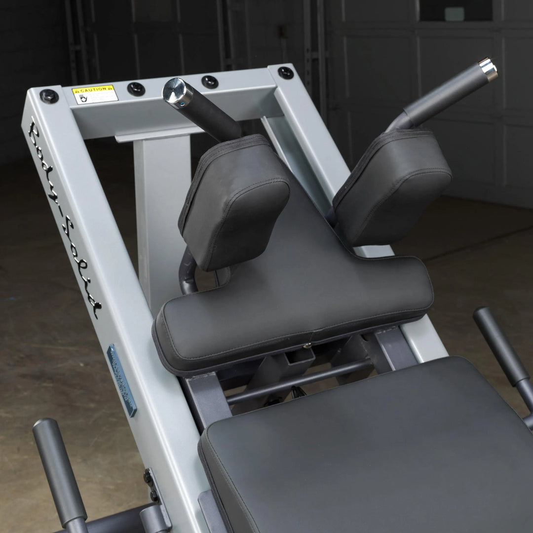 Body-Solid Leg Press Hack Squat Machine GLPH1100 squats training configuration closer look on shoulder cushions and handle bars