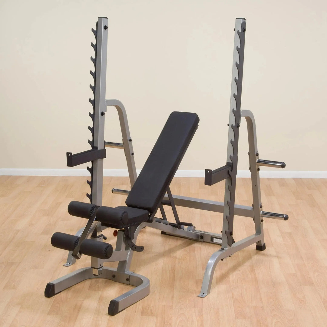 Body-Solid Squat and Bench Rack GPR370 on display with the GFID71 bench