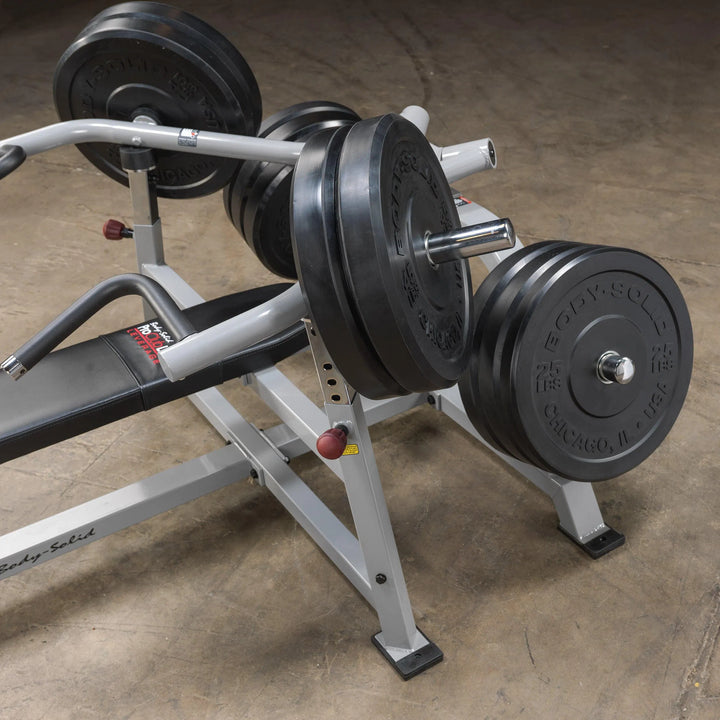 Body-Solid Bench Press Machine LVBP closer look with weight plates