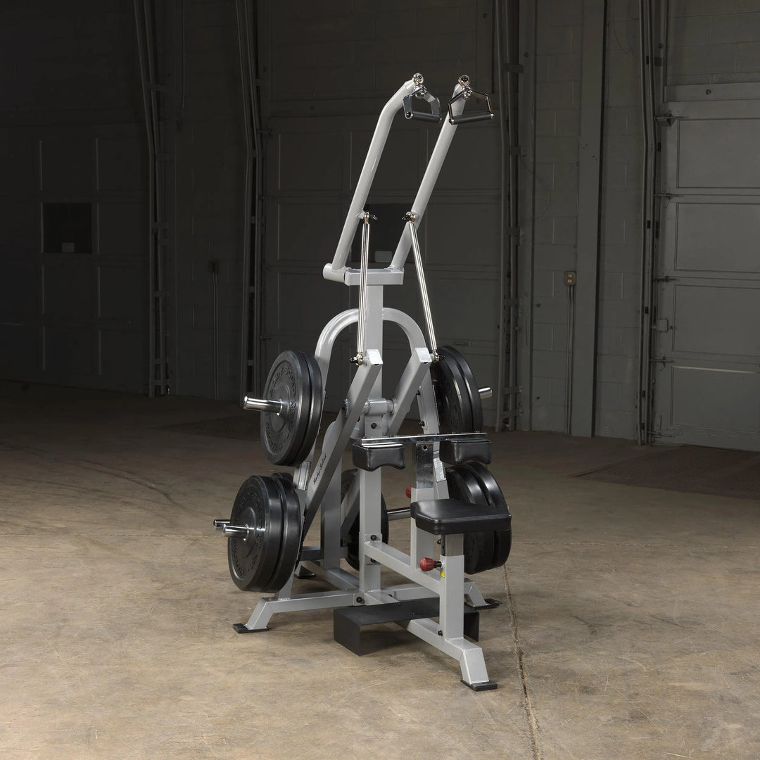 Body-Solid Lat Pulldown Machine LVLA shown with the weight plates