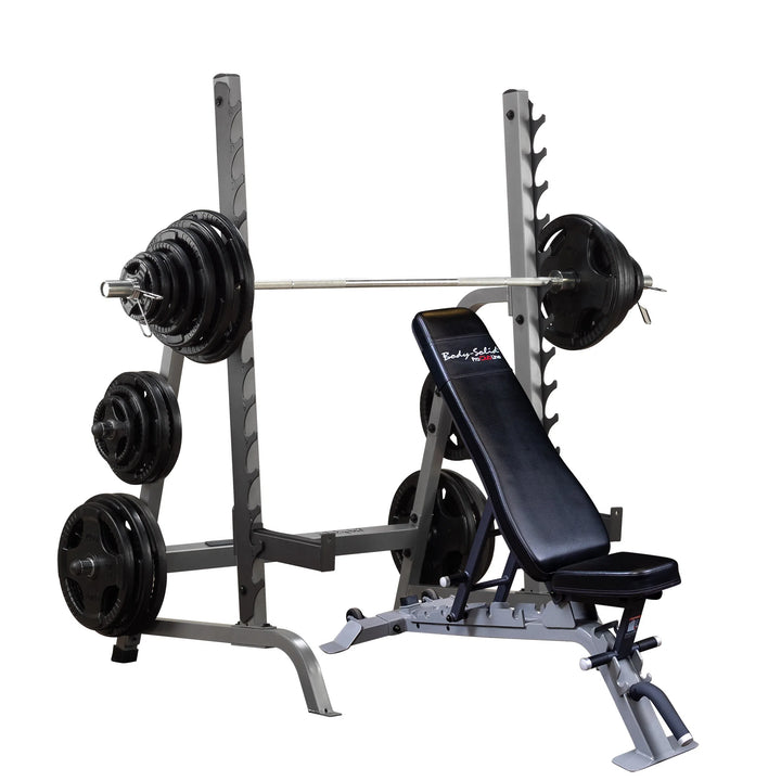 Body-Solid Olympic Bench Press Rack SDIB370 on display with weight plates