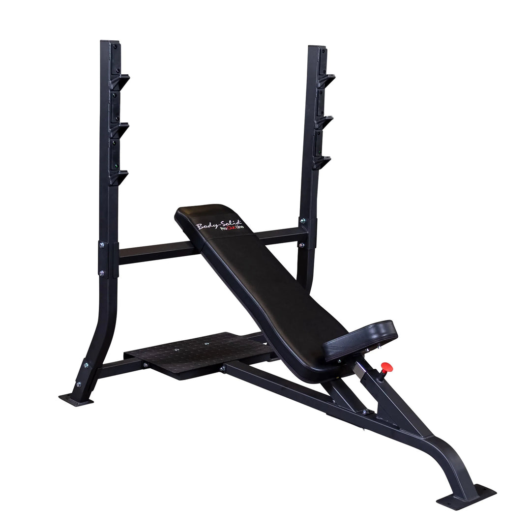 The Body-Solid Pro Clubline Olympic Incline Bench (SOIB250) in black, features a padded seat and backrest with metal supports incorporating four hooks on each side for weights. Ideal for commercial use, this sturdy bench enhances upper body workouts.