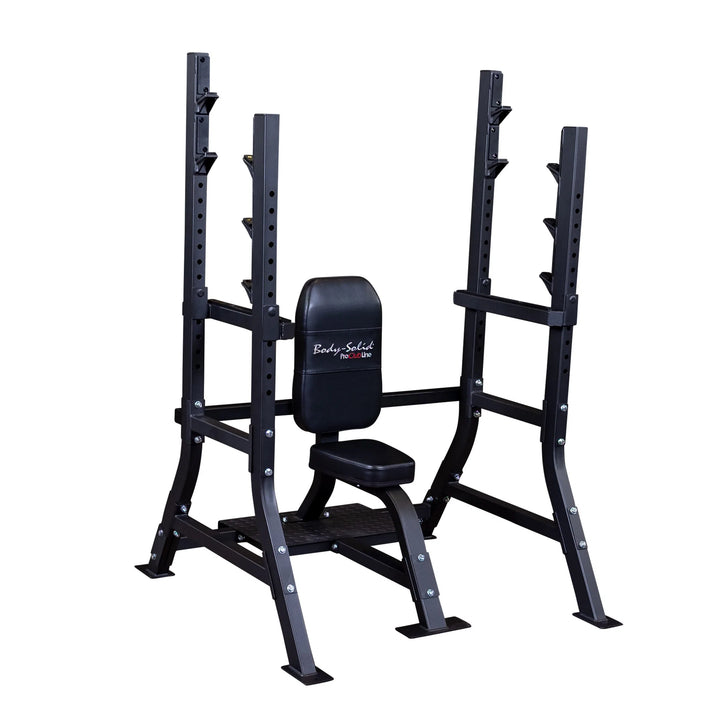 The Body-Solid Pro Clubline Olympic Shoulder Press Bench (SOSB250) features a black metal design with an adjustable bench, foot platform, and heavy-duty steel mainframe. It includes adjustable safety stops, weight holder levels, and the Body-Solid logo—ideal for commercial strength training.