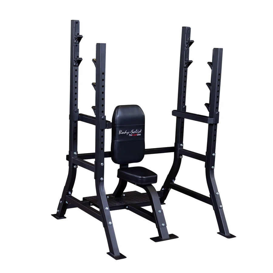 The Body-Solid Pro Clubline Olympic Shoulder Press Bench (SOSB250) features a black metal design with an adjustable bench, foot platform, and heavy-duty steel mainframe. It includes adjustable safety stops, weight holder levels, and the Body-Solid logo—ideal for commercial strength training.