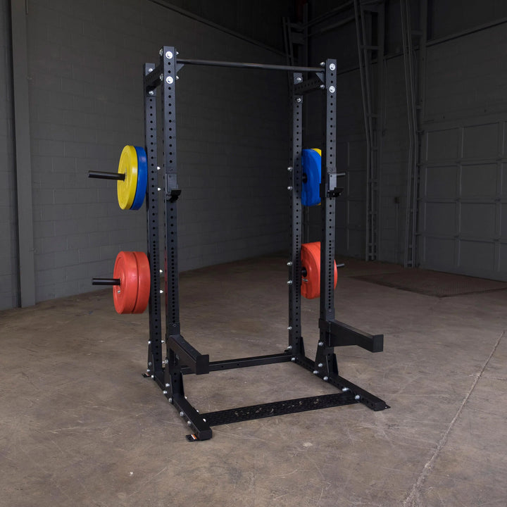 Body-Solid Half Power Rack Extended SPR500BACK on display with weight plates