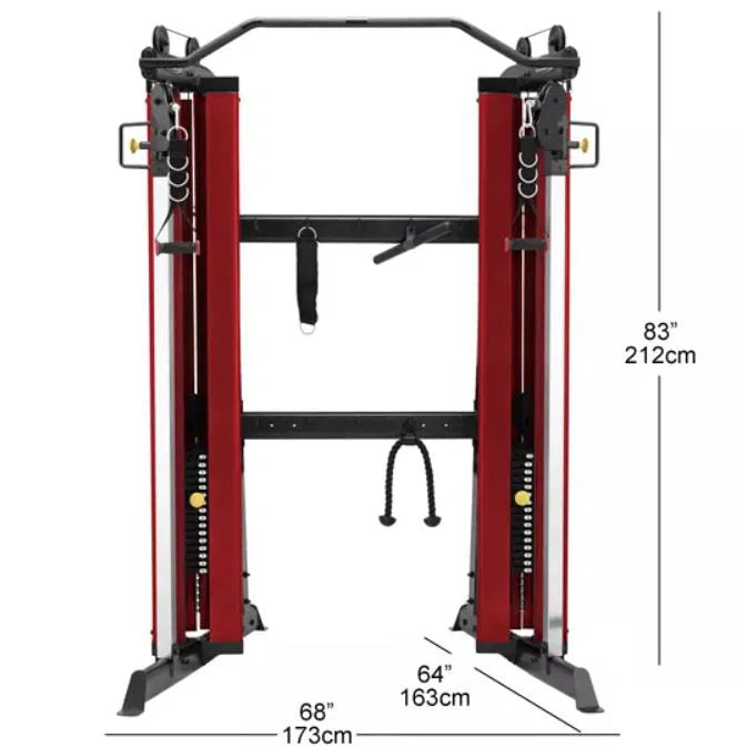 The Steelflex Cable Fly Machine (CLDCC) features red vertical beams and black cables, providing a versatile workout. This commercial-grade unit is 83 (212 cm) high, 68 (173 cm) wide, and 64 (163 cm) deep with multiple attachments for maximum flexibility.