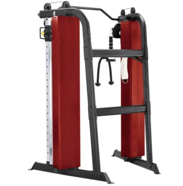 The SteelFlex Cable Fly Machine (CLDCC) by Steelflex is a red and black cable crossover ideal for strength training. It has two adjustable pulley weight stacks, a dual handle attachment, and a sturdy frame for versatile exercises with commercial-grade quality.