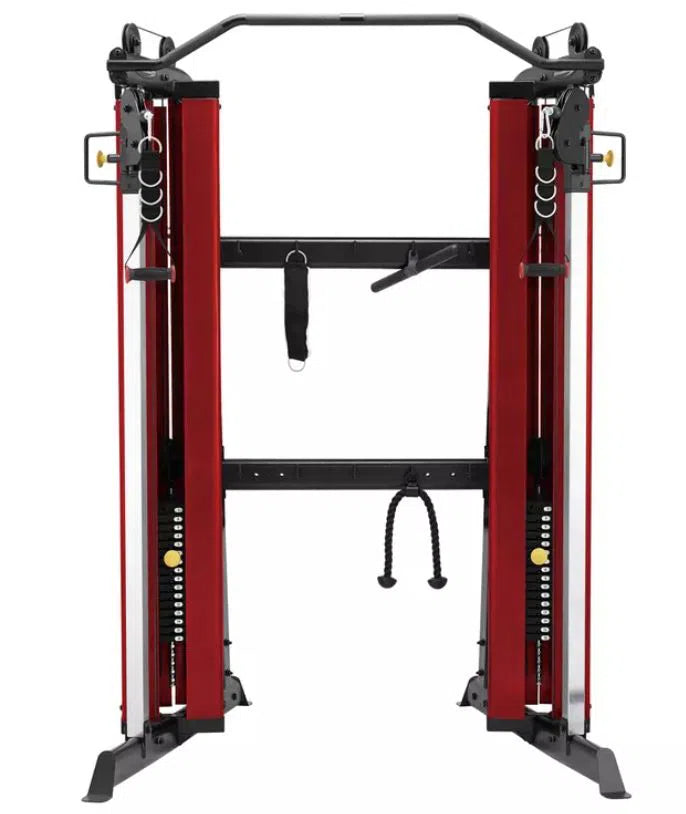 The Steelflex Cable Fly Machine (CLDCC) is a commercial-grade equipment in a red and black theme, offering dual columns, adjustable pulleys, and weight stacks. It includes attachments like handles and ropes for versatile gym routines.
