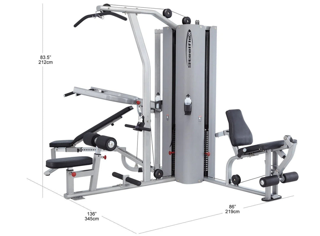 The SteelFlex All-In-One Gym Machine (MG3000) by Steelflex is a commercial-grade, multi-station gym setup with bench press, leg extension, and adjustable cables. It has a sleek gray design with black seats and measures 83.5 H x 136 W x 86 L.