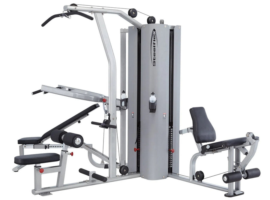 The SteelFlex All-In-One Gym Machine (MG3000) by Steelflex provides versatile workouts with stations like bench press and leg extension. Featuring a sleek silver and black design, commercial-grade build, padded seats, and adjustable components for a premium exercise experience.