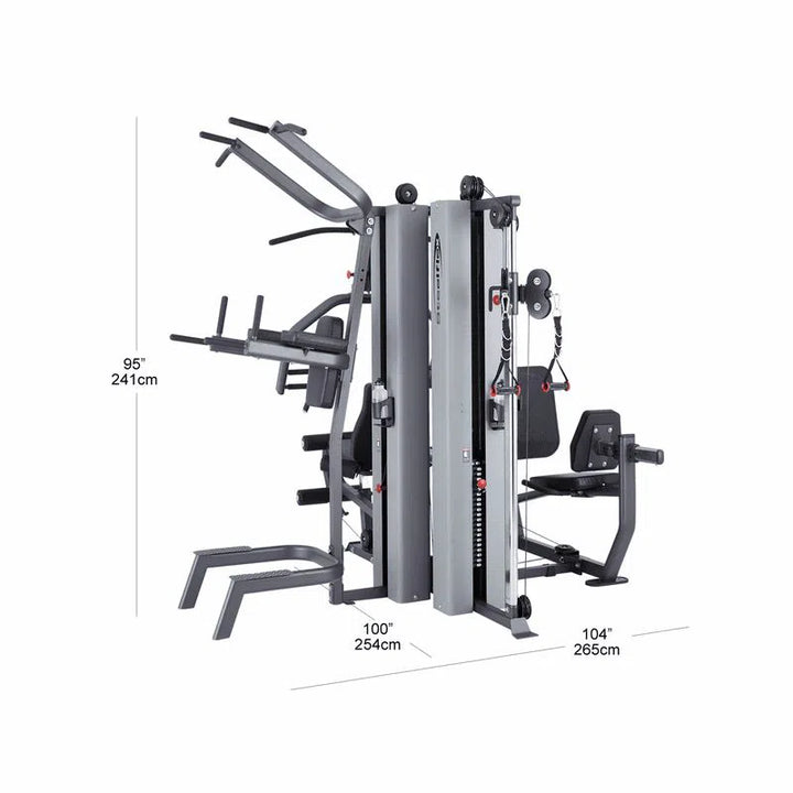 The SteelFlex All-In-One Workout Machine (MG300B) is a commercial gym-quality equipment featuring a padded seat, pull-up bars, cables, and weight stacks. It measures 95 tall, 100 wide, and 104 deep, with a sleek gray and black finish.