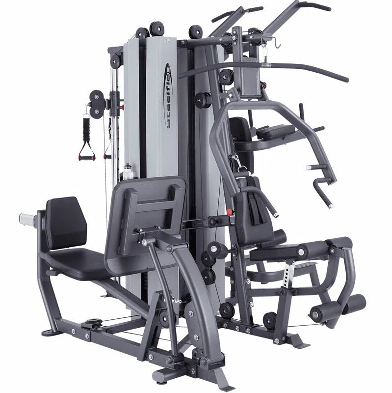 The Steelflex All-In-One Workout Machine (MG300B) features stations for chest press, lat pulldown, leg extension, and seated row. Designed with commercial-quality metal frames and padded seats, it provides a comprehensive full-body workout experience.