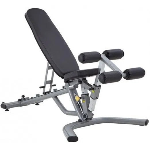 The SteelFlex NFID Folding Weight Bench by Steelflex features black padding, a sleek silver metal frame, multiple incline levels, and padded rollers for optimal workout support.