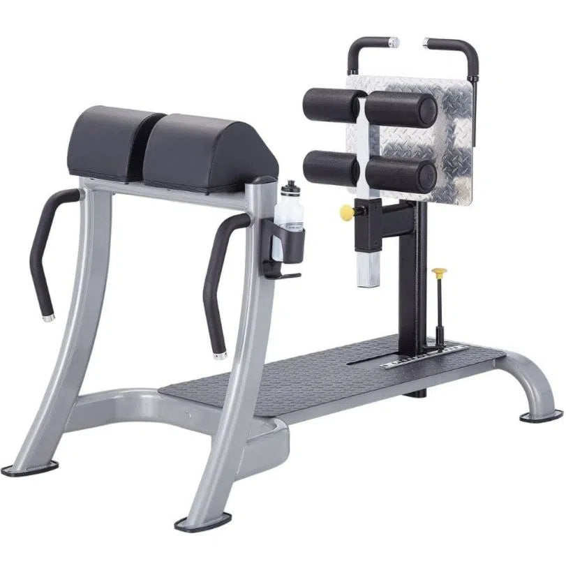 Enhance your fitness with the SteelFlex Glute Ham Raise Bench (NGHB) by Steelflex. It features padded supports, a textured footplate, side handles, a bottle holder, and a sturdy metal frame for effective back exercises or glute ham raises. Essential gym equipment for any workout routine.