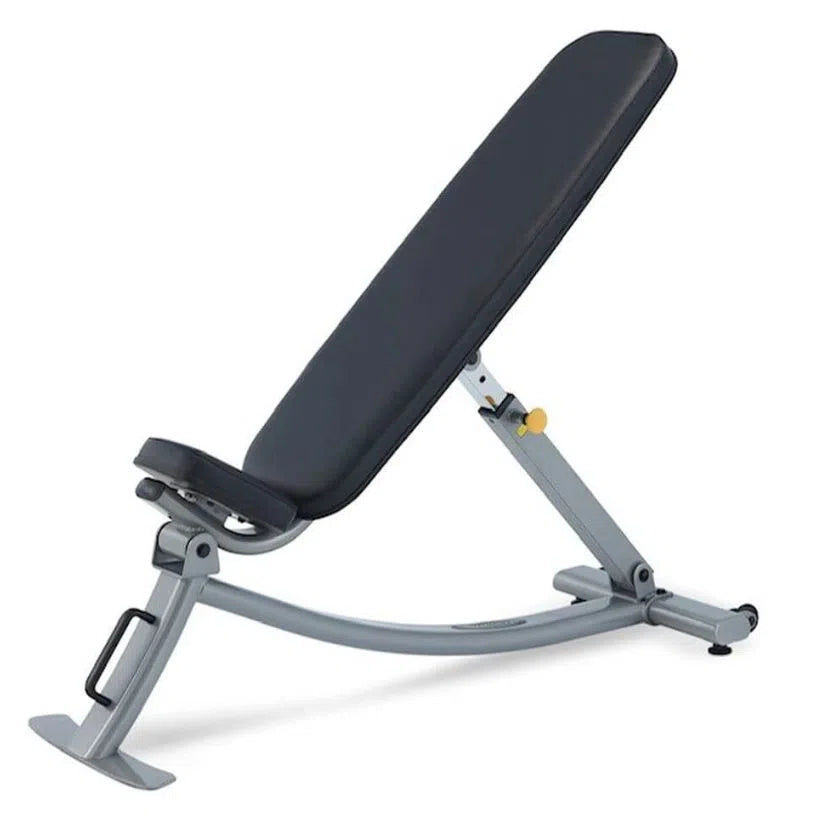 The SteelFlex Commercial Incline Bench (NIB) by Steelflex, featuring a black padded surface and silver frame, is in an inclined position. It includes a yellow adjustment pin for angle changes and a handle for easy mobility, making it perfect for incline barbell exercises.