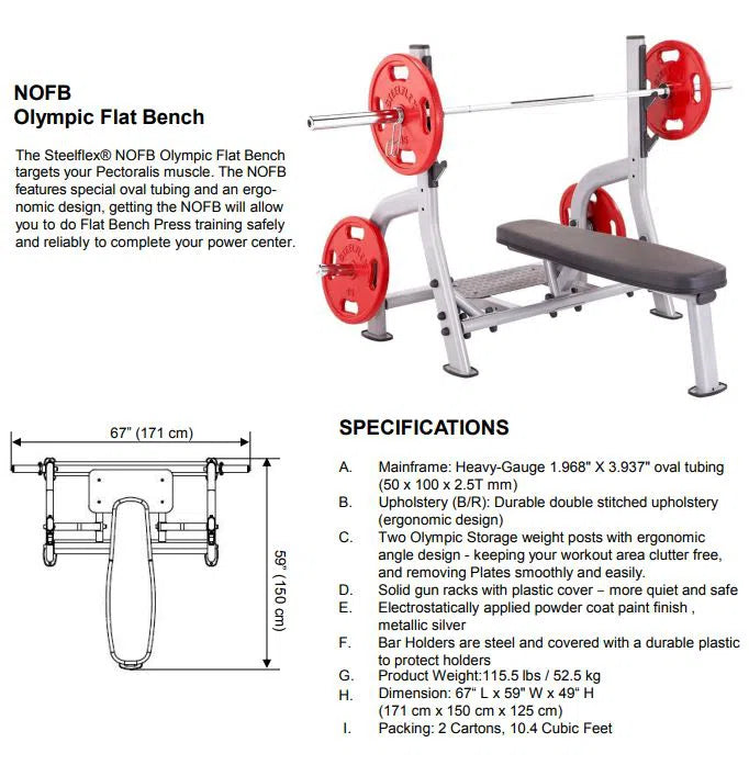 Image of a Steelflex Olympic Flat Bench (NOFB) with red weights. Diagram shows dimensions and specs including heavy-gauge steel, U-groove saddle design, and weight limits. Part of our commercial-grade lineup, it measures 67 (171 cm) in length.