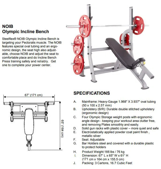 Image of the SteelFlex Olympic Incline Bench (NOIB) by Steelflex, crafted for top gym performance with an ergonomic seat, heavy-gauge frame, dual racks, and adjustable settings to target the pectoralis muscle. Dimensions: 67 W x 65 H x 66 L; Weight: 366 lbs; Max weight capacity: 1000 lbs.