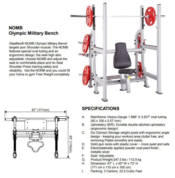 Image of the SteelFlex Olympic Military Press Bench (NOMB), a crucial gym equipment piece by Steelflex, featuring red weight plates and an adjustable seat. It ensures durability, safety, and comfort for shoulder strength training with detailed dimensions, weight, and materials for peak performance.
